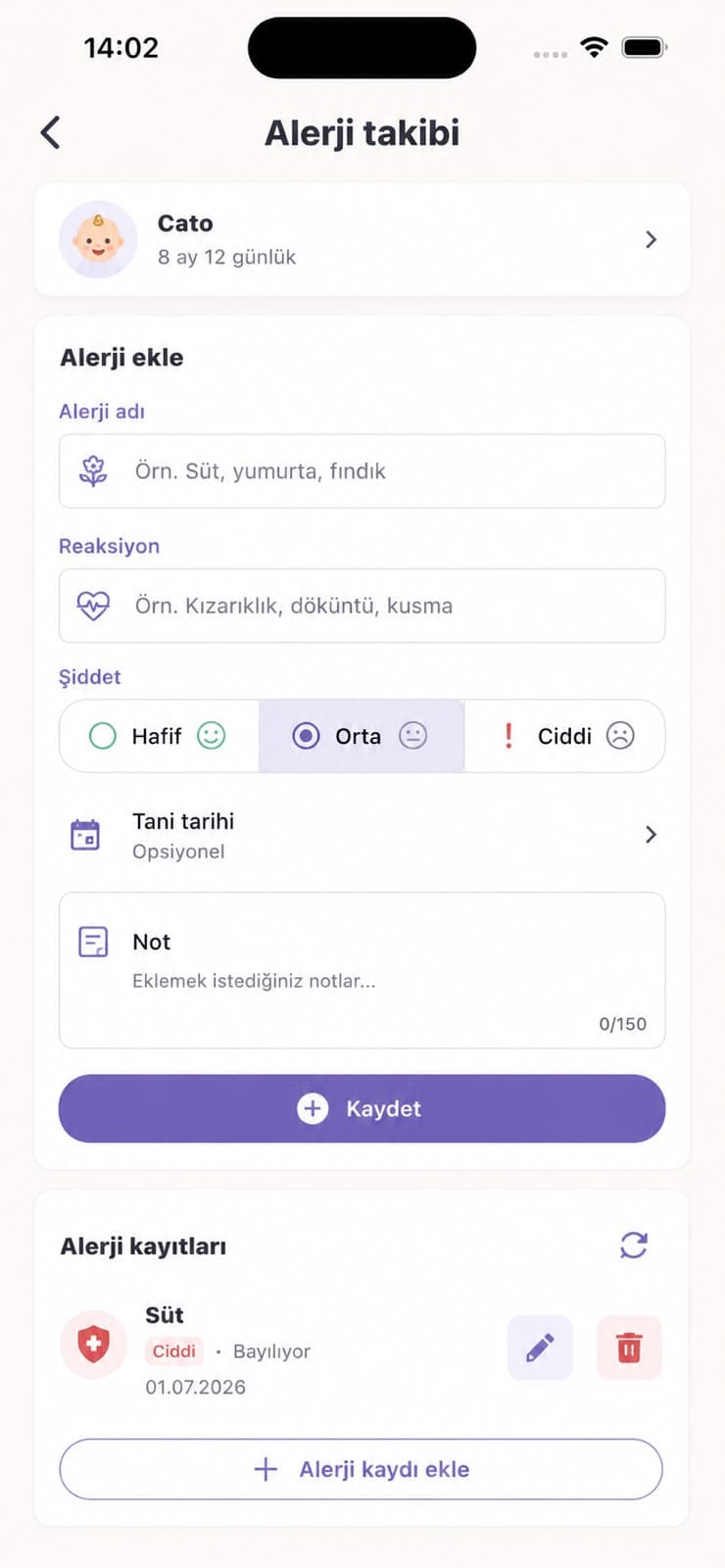 Mammoria allergy tracking screen