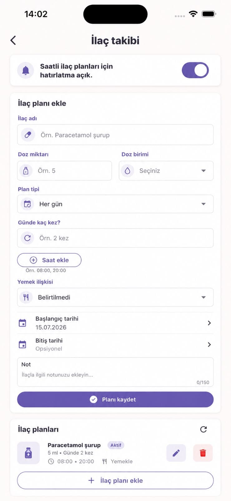 Mammoria baby medication tracking and reminder screen